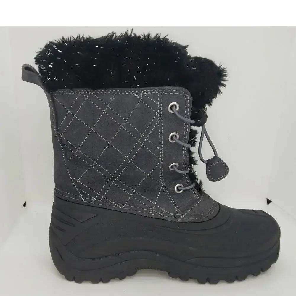 Totes Girls Pre-owned Black/Gray Waterproof Faux Fur Lined Winter Boots - sz. 4